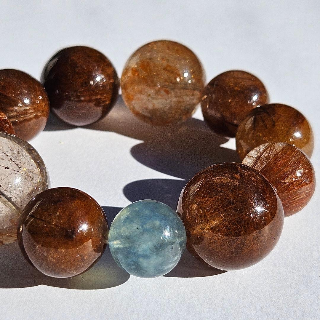 ブラウンルチルクォーツ×アクアマリン　ブレスレット　天然石　一点物　キラキラ ブラウンルチルクォーツ 約9.5㎜【ブレスレット】天然石 | 天然石